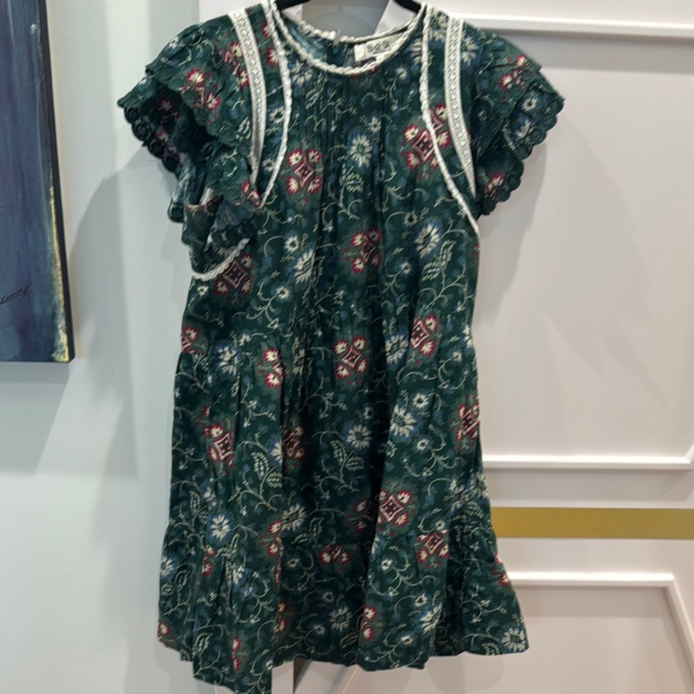 Floral Green Dress with Lace Trim. Size Medium
